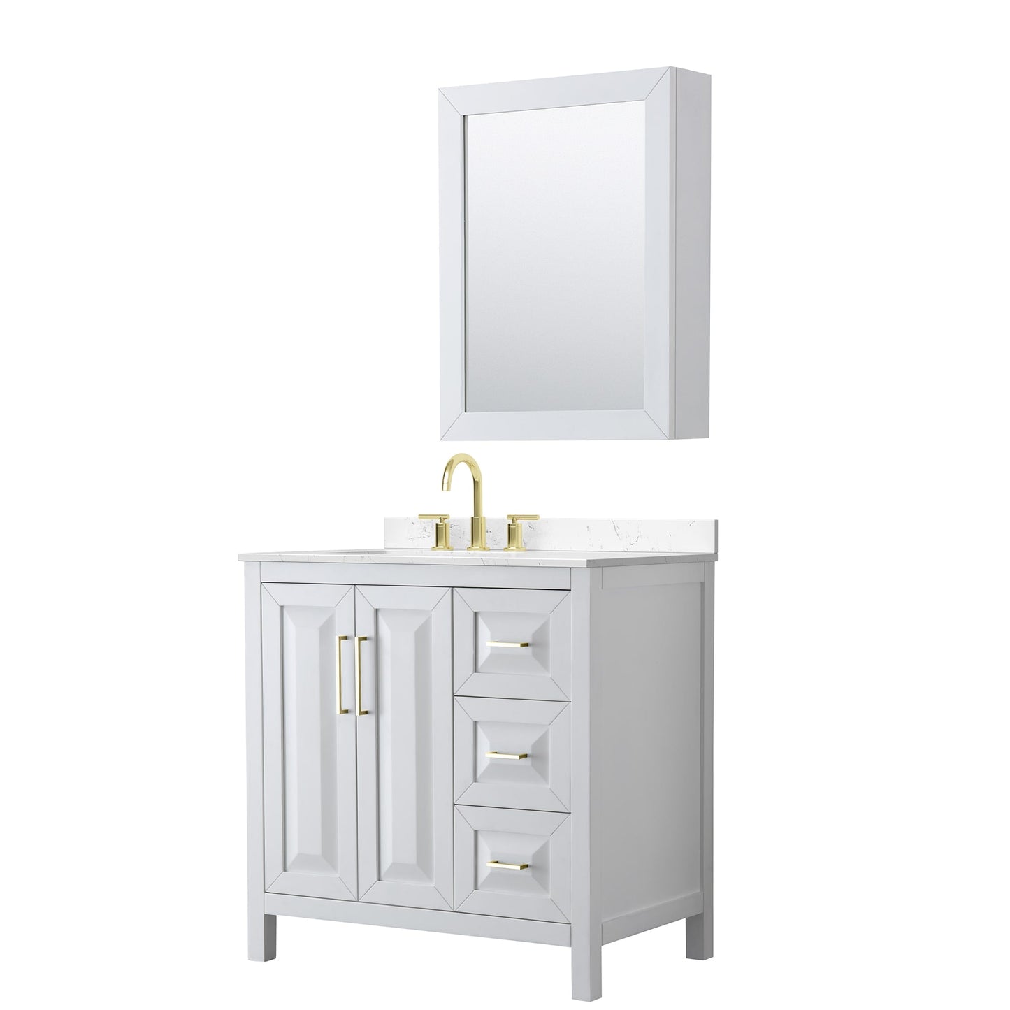 Wyndham Collection Daria 36" Single Bathroom Vanity in White, Carrara Cultured Marble Countertop, Undermount Square Sink (3-Hole), Brushed Gold Trim, Medicine Cabinet