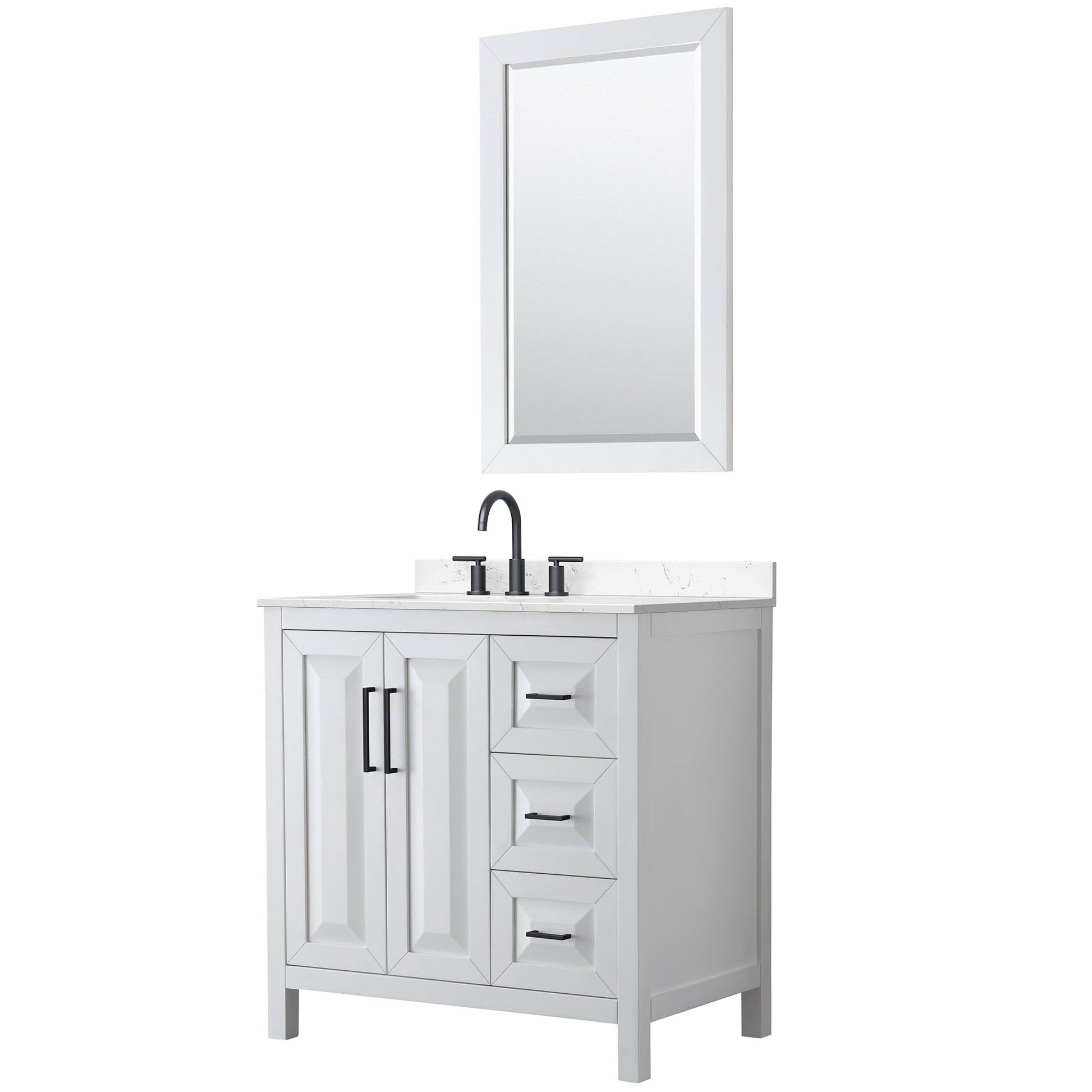 Wyndham Collection Daria 36" Single Bathroom Vanity in White, Carrara Cultured Marble Countertop, Undermount Square Sink (3-Hole), Matte Black Trim, 24" Mirror