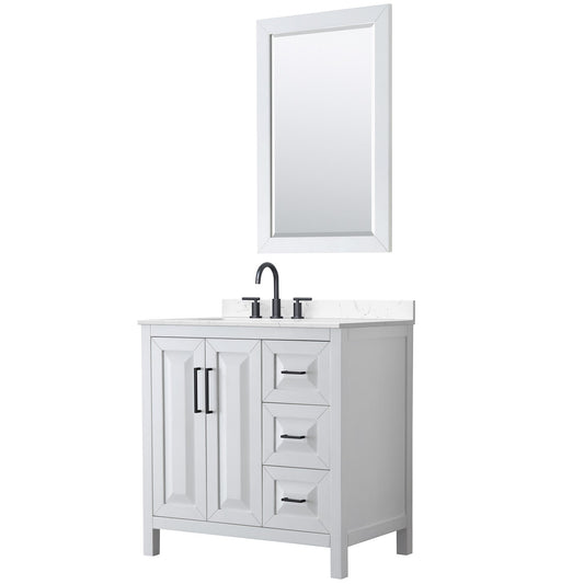 Wyndham Collection Daria 36" Single Bathroom Vanity in White, Carrara Cultured Marble Countertop, Undermount Square Sink (3-Hole), Matte Black Trim, 24" Mirror