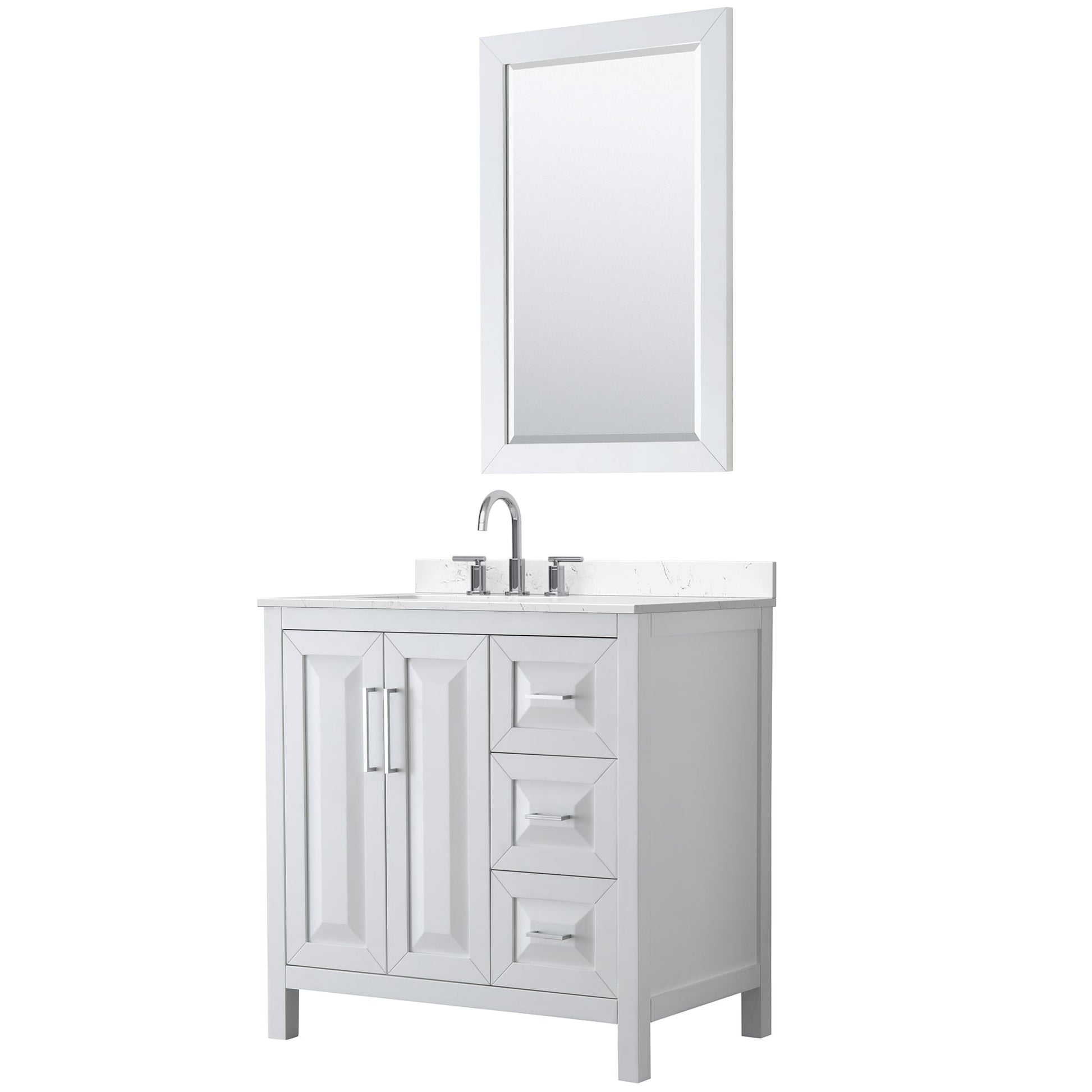 Wyndham Collection Daria 36" Single Bathroom Vanity in White, Carrara Cultured Marble Countertop, Undermount Square Sink (3-Hole), Polished Chrome Trim, 24" Mirror