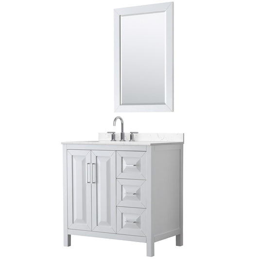 Wyndham Collection Daria 36" Single Bathroom Vanity in White, Carrara Cultured Marble Countertop, Undermount Square Sink (3-Hole), Polished Chrome Trim, 24" Mirror