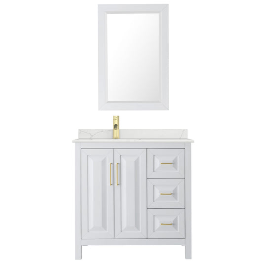 Wyndham Collection Daria 36" Single Bathroom Vanity in White, Giotto Quartz Countertop, Undermount Square Sink (1-Hole), Brushed Gold Trim, 24" Mirror