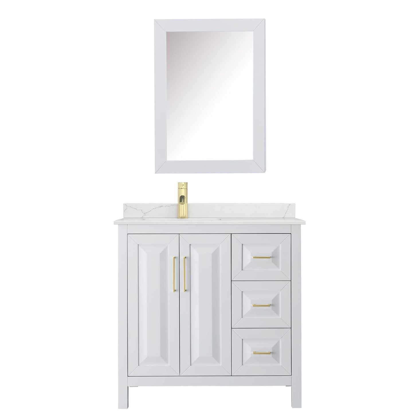 Wyndham Collection Daria 36" Single Bathroom Vanity in White, Giotto Quartz Countertop, Undermount Square Sink (1-Hole), Brushed Gold Trim, Medicine Cabinet