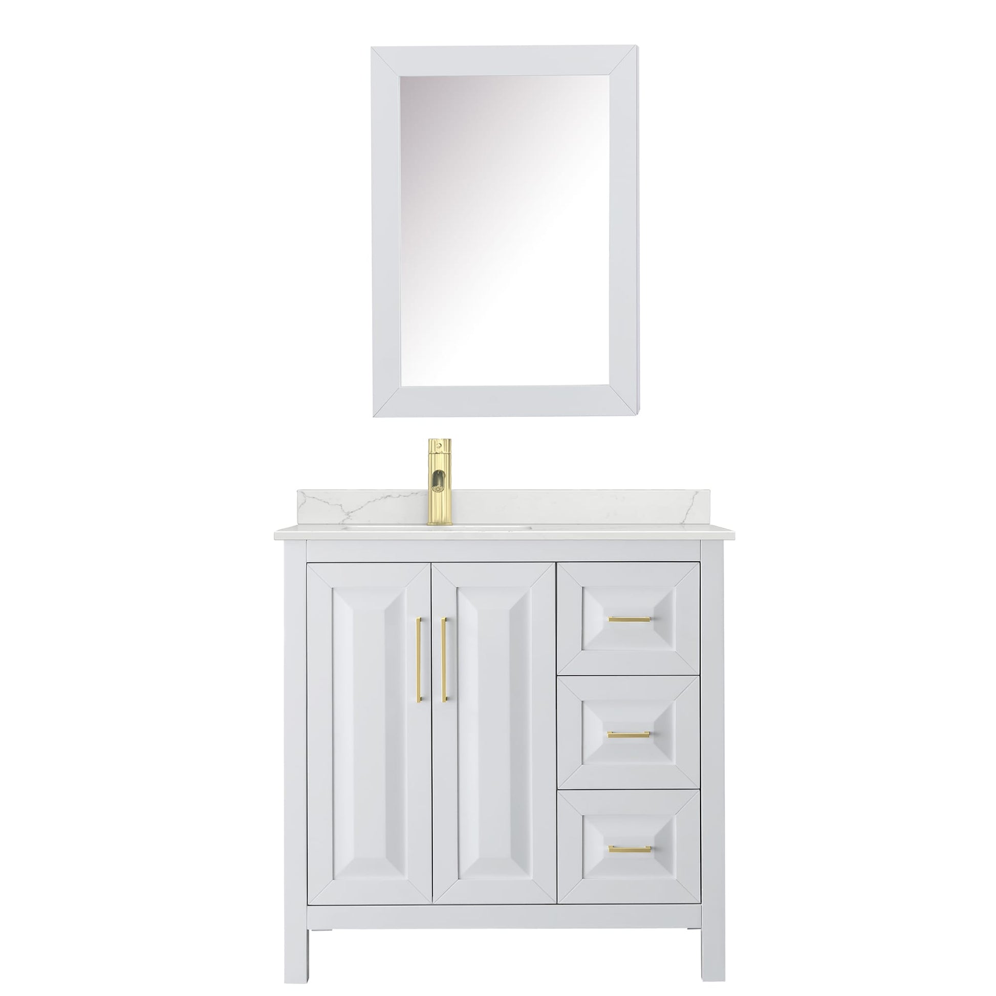 Wyndham Collection Daria 36" Single Bathroom Vanity in White, Giotto Quartz Countertop, Undermount Square Sink (1-Hole), Brushed Gold Trim, Medicine Cabinet