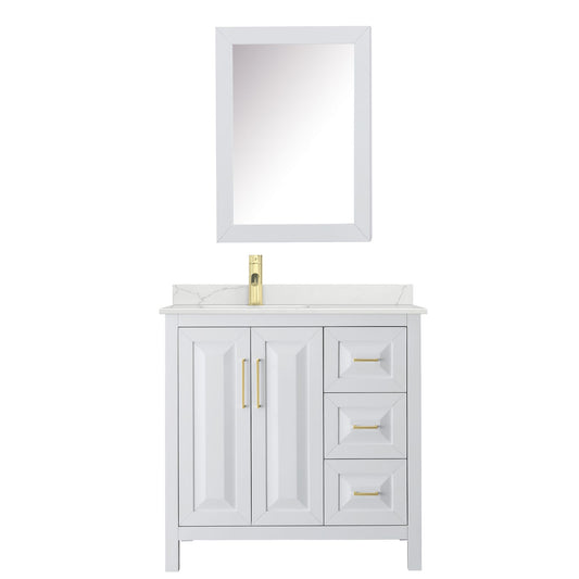Wyndham Collection Daria 36" Single Bathroom Vanity in White, Giotto Quartz Countertop, Undermount Square Sink (1-Hole), Brushed Gold Trim, Medicine Cabinet
