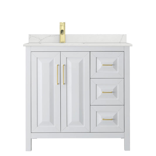 Wyndham Collection Daria 36" Single Bathroom Vanity in White, Giotto Quartz Countertop, Undermount Square Sink (1-Hole), Brushed Gold Trim