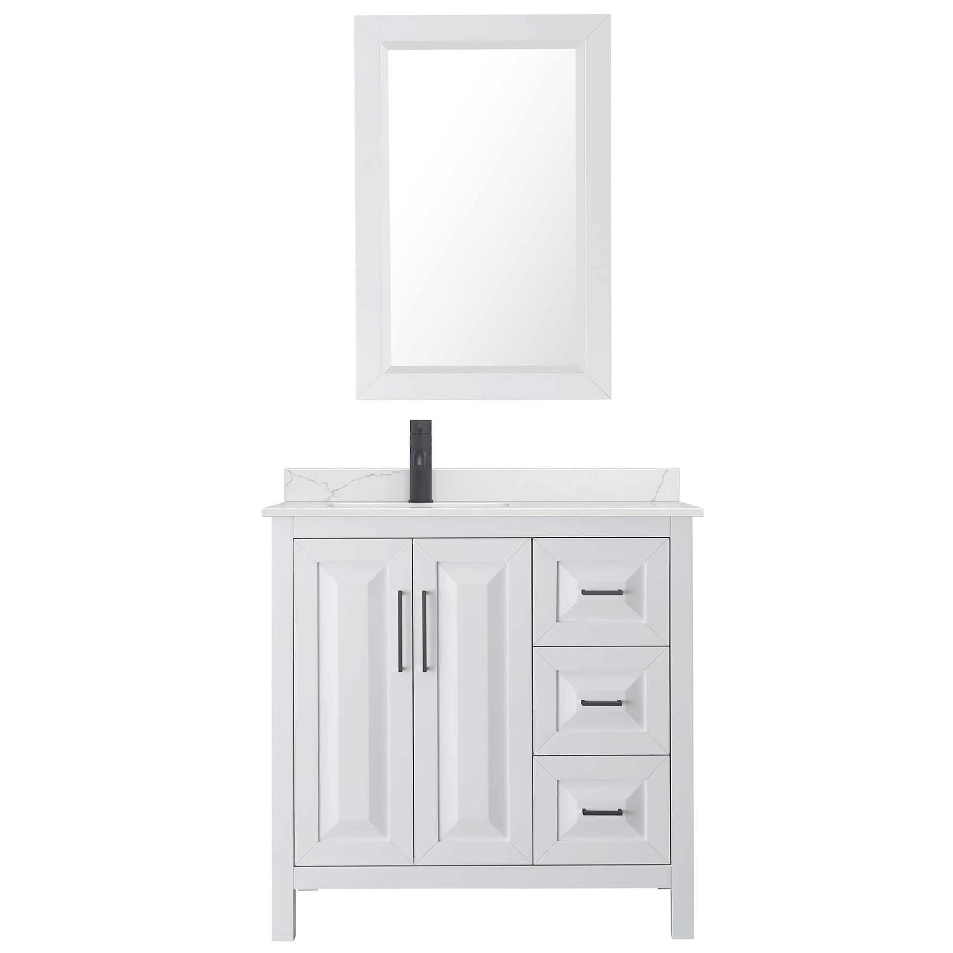 Wyndham Collection Daria 36" Single Bathroom Vanity in White, Giotto Quartz Countertop, Undermount Square Sink (1-Hole), Matte Black Trim, 24" Mirror