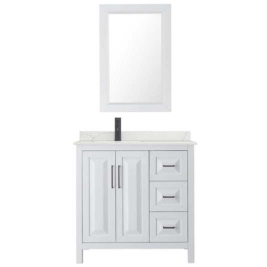 Wyndham Collection Daria 36" Single Bathroom Vanity in White, Giotto Quartz Countertop, Undermount Square Sink (1-Hole), Matte Black Trim, 24" Mirror
