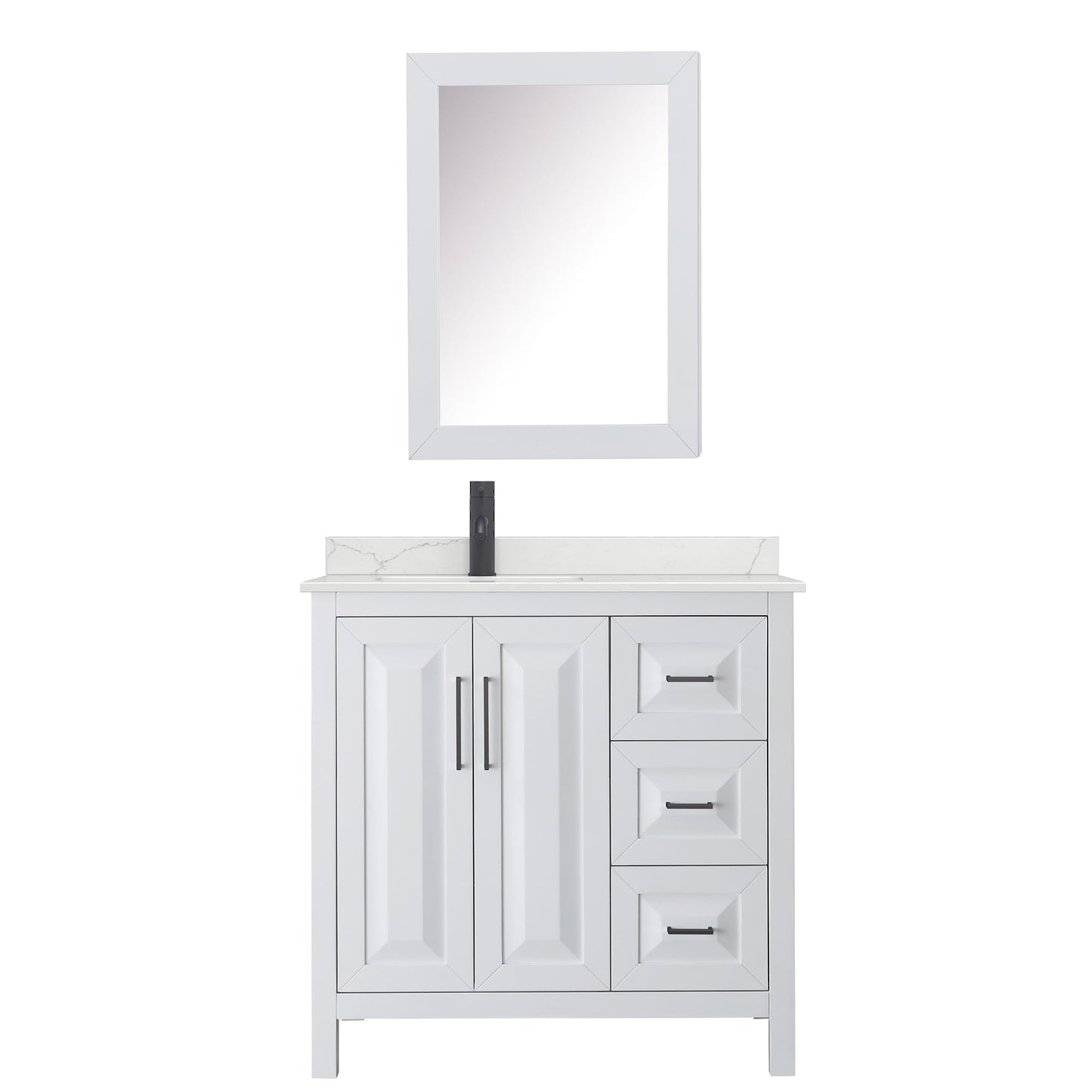 Wyndham Collection Daria 36" Single Bathroom Vanity in White, Giotto Quartz Countertop, Undermount Square Sink (1-Hole), Matte Black Trim, Medicine Cabinet