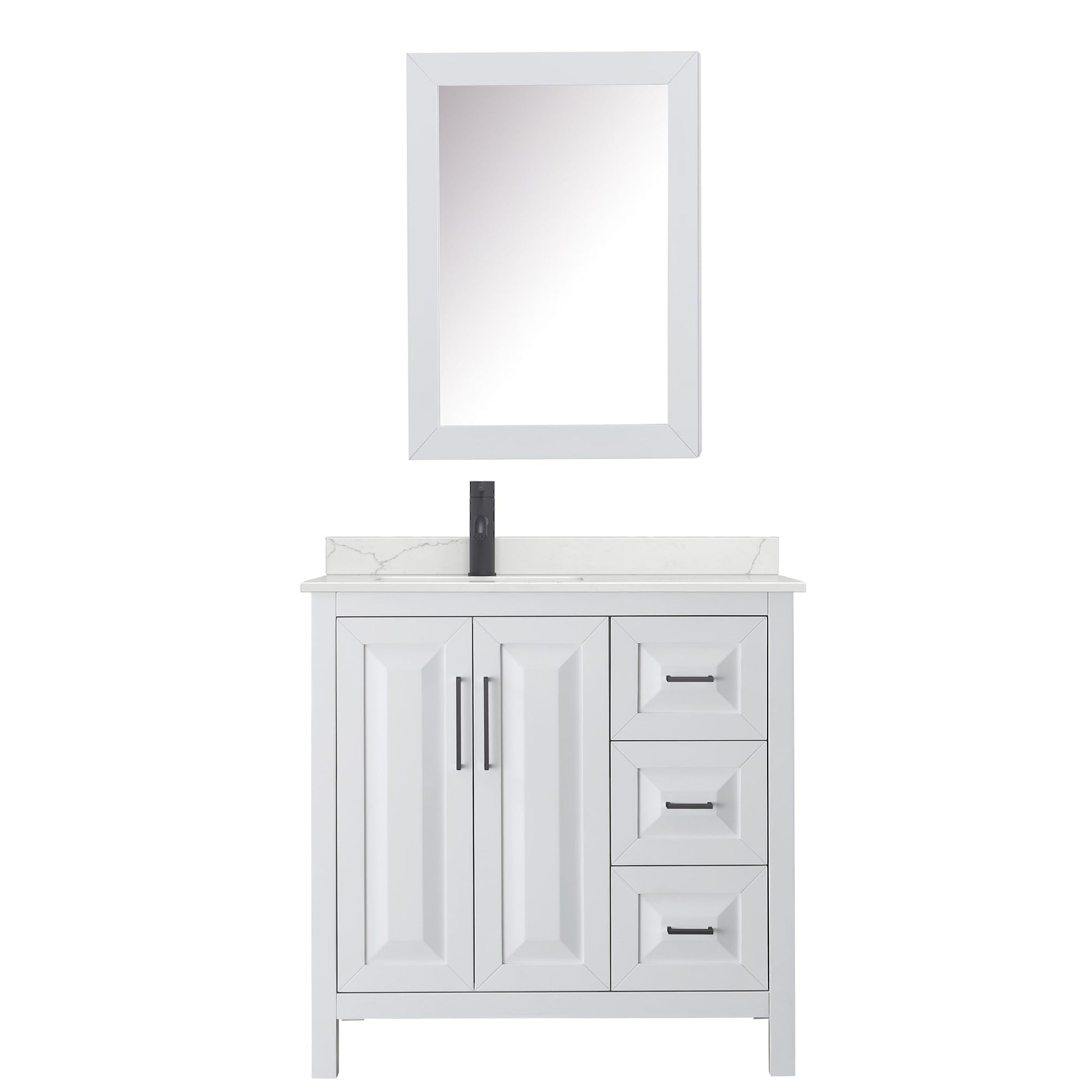 Wyndham Collection Daria 36" Single Bathroom Vanity in White, Giotto Quartz Countertop, Undermount Square Sink (1-Hole), Matte Black Trim, Medicine Cabinet