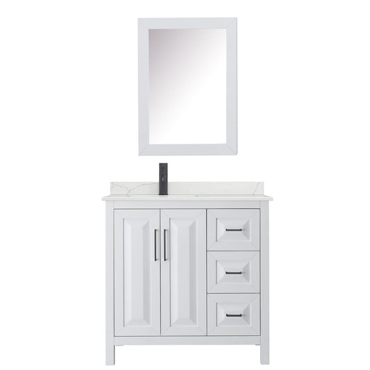 Wyndham Collection Daria 36" Single Bathroom Vanity in White, Giotto Quartz Countertop, Undermount Square Sink (1-Hole), Matte Black Trim, Medicine Cabinet