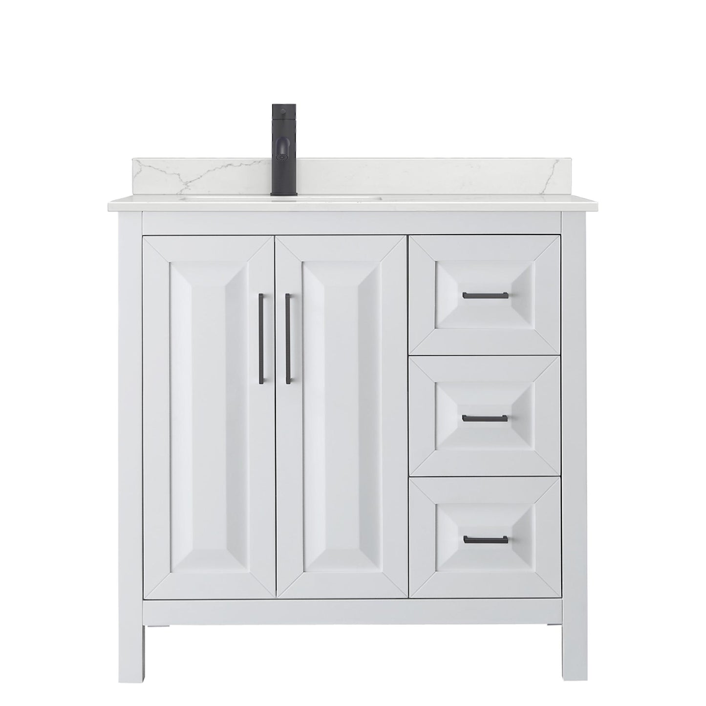 Wyndham Collection Daria 36" Single Bathroom Vanity in White, Giotto Quartz Countertop, Undermount Square Sink (1-Hole), Matte Black Trim
