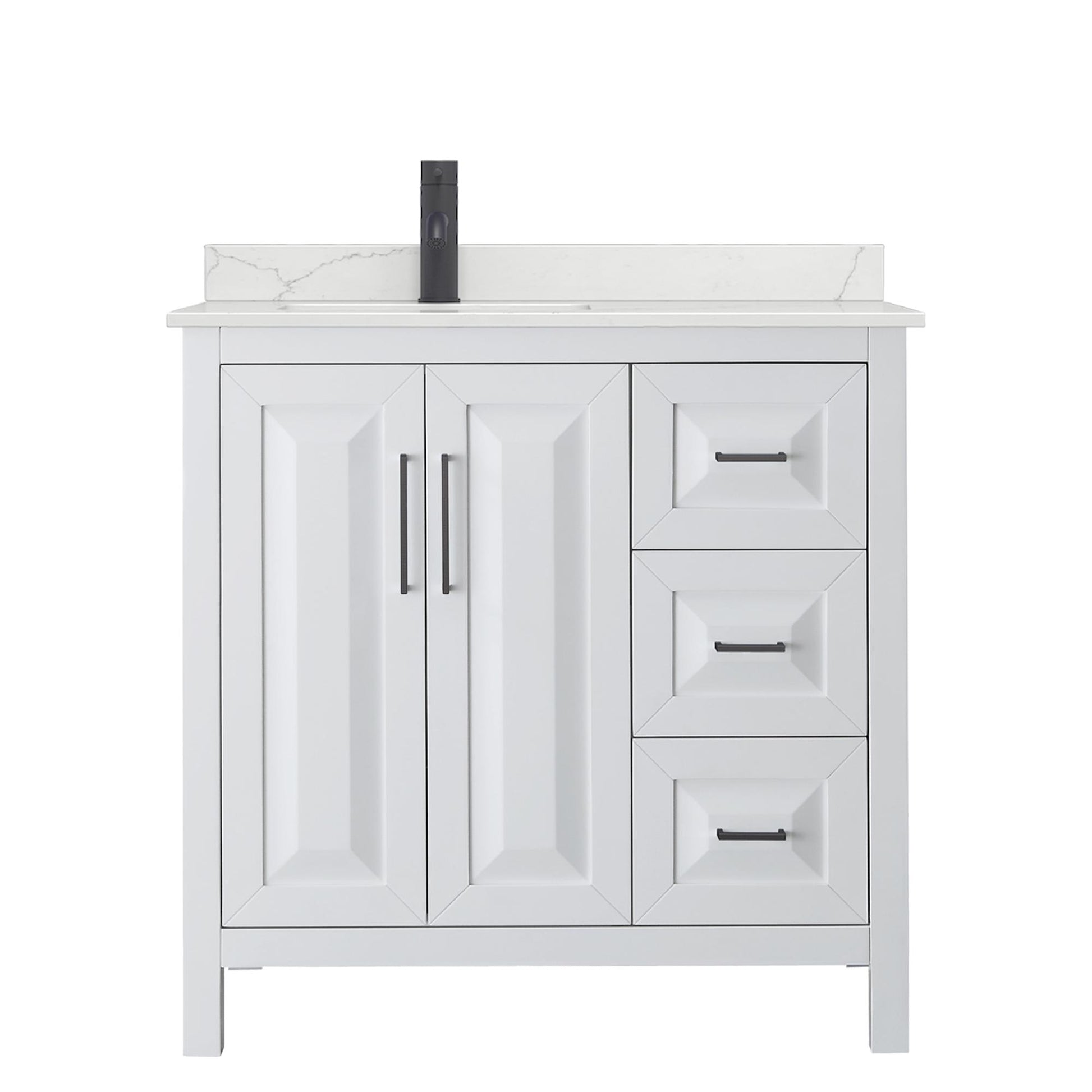 Wyndham Collection Daria 36" Single Bathroom Vanity in White, Giotto Quartz Countertop, Undermount Square Sink (1-Hole), Matte Black Trim