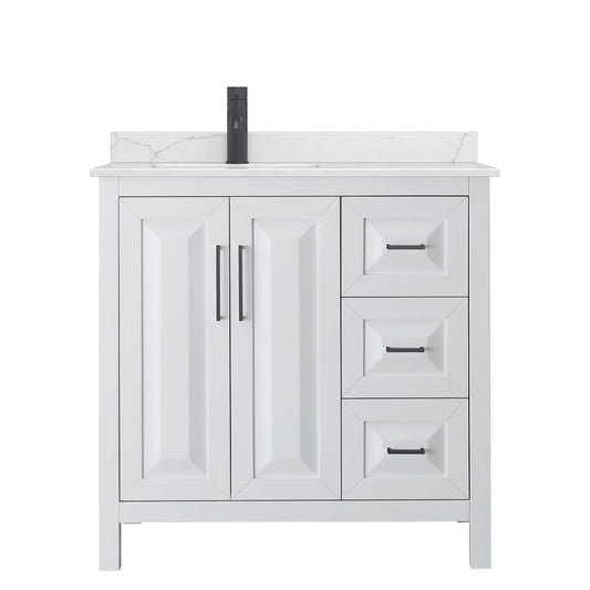 Wyndham Collection Daria 36" Single Bathroom Vanity in White, Giotto Quartz Countertop, Undermount Square Sink (1-Hole), Matte Black Trim