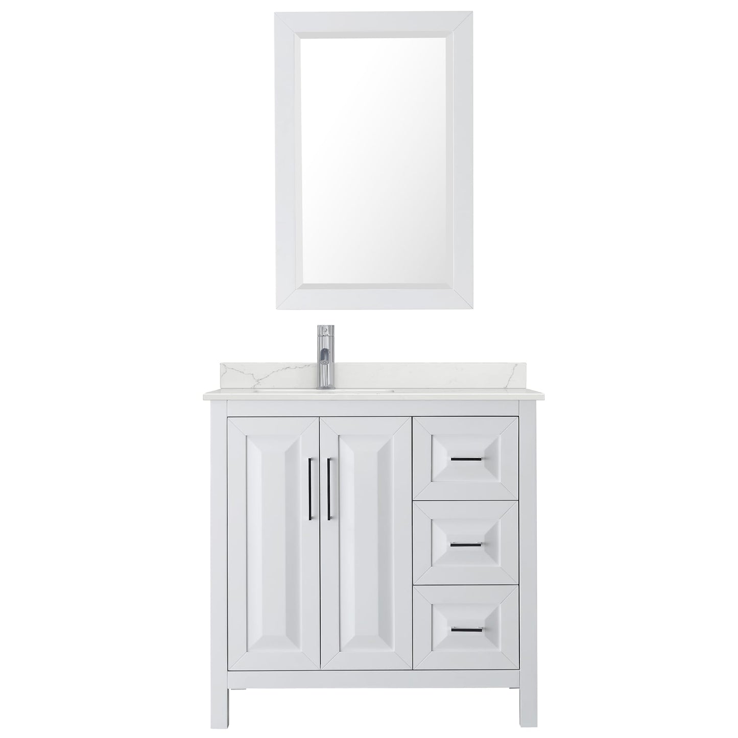 Wyndham Collection Daria 36" Single Bathroom Vanity in White, Giotto Quartz Countertop, Undermount Square Sink (1-Hole), Polished Chrome Trim, 24" Mirror