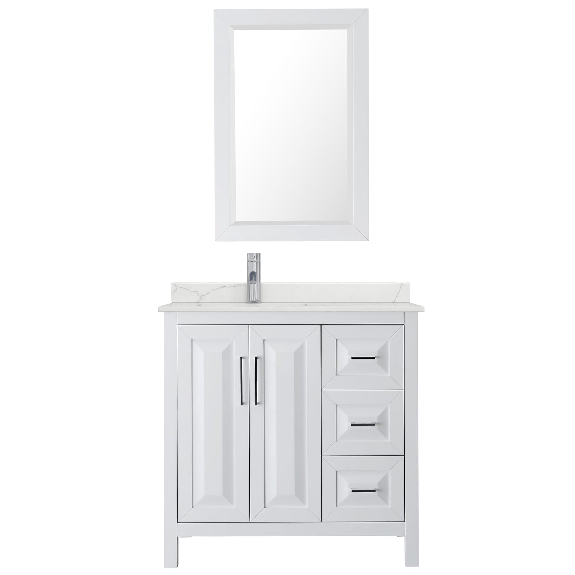 Wyndham Collection Daria 36" Single Bathroom Vanity in White, Giotto Quartz Countertop, Undermount Square Sink (1-Hole), Polished Chrome Trim, 24" Mirror