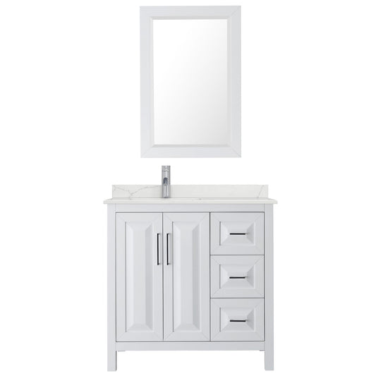 Wyndham Collection Daria 36" Single Bathroom Vanity in White, Giotto Quartz Countertop, Undermount Square Sink (1-Hole), Polished Chrome Trim, 24" Mirror