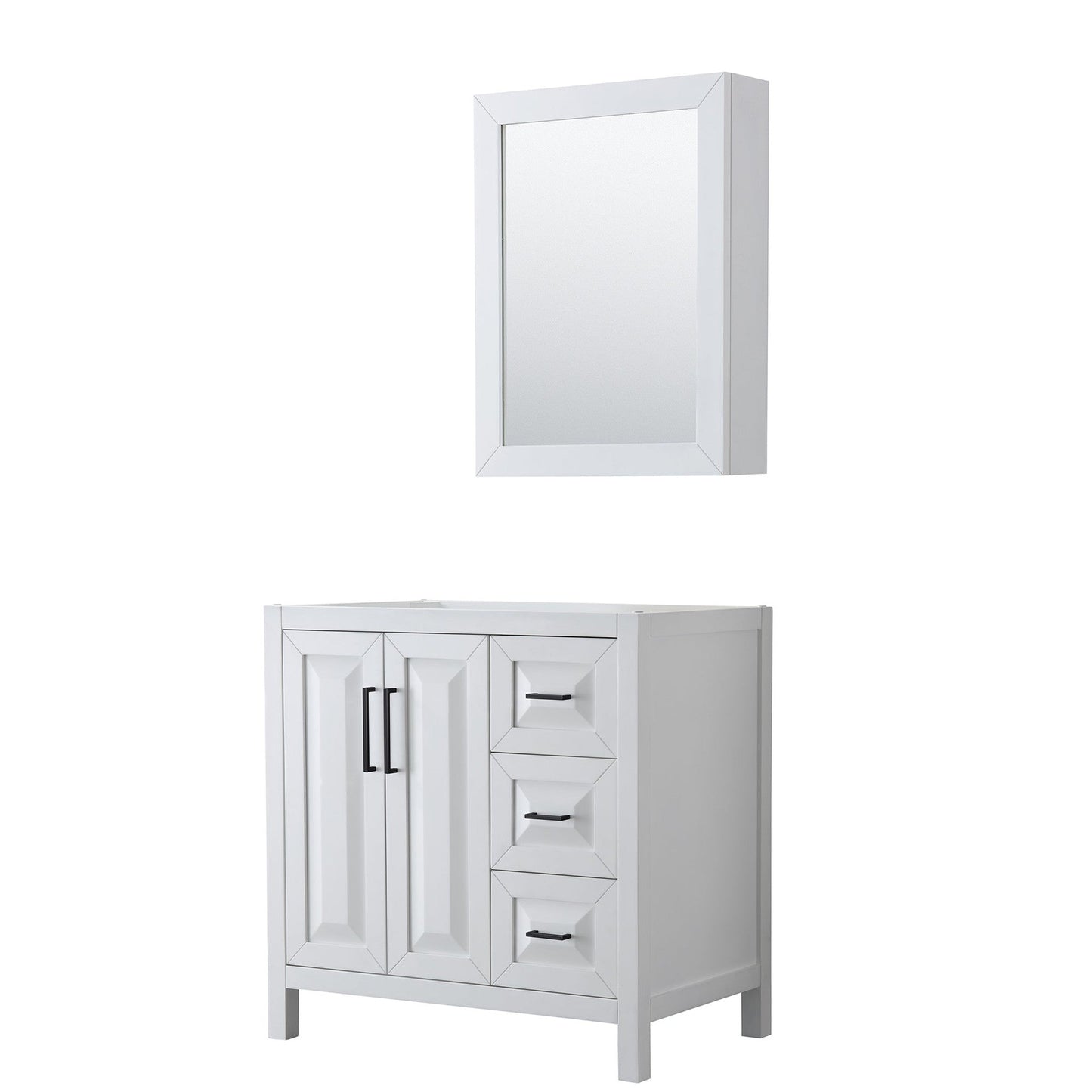 Wyndham Collection Daria 36" Single Bathroom Vanity in White, No Countertop, No Sink, Matte Black Trim, Medicine Cabinet