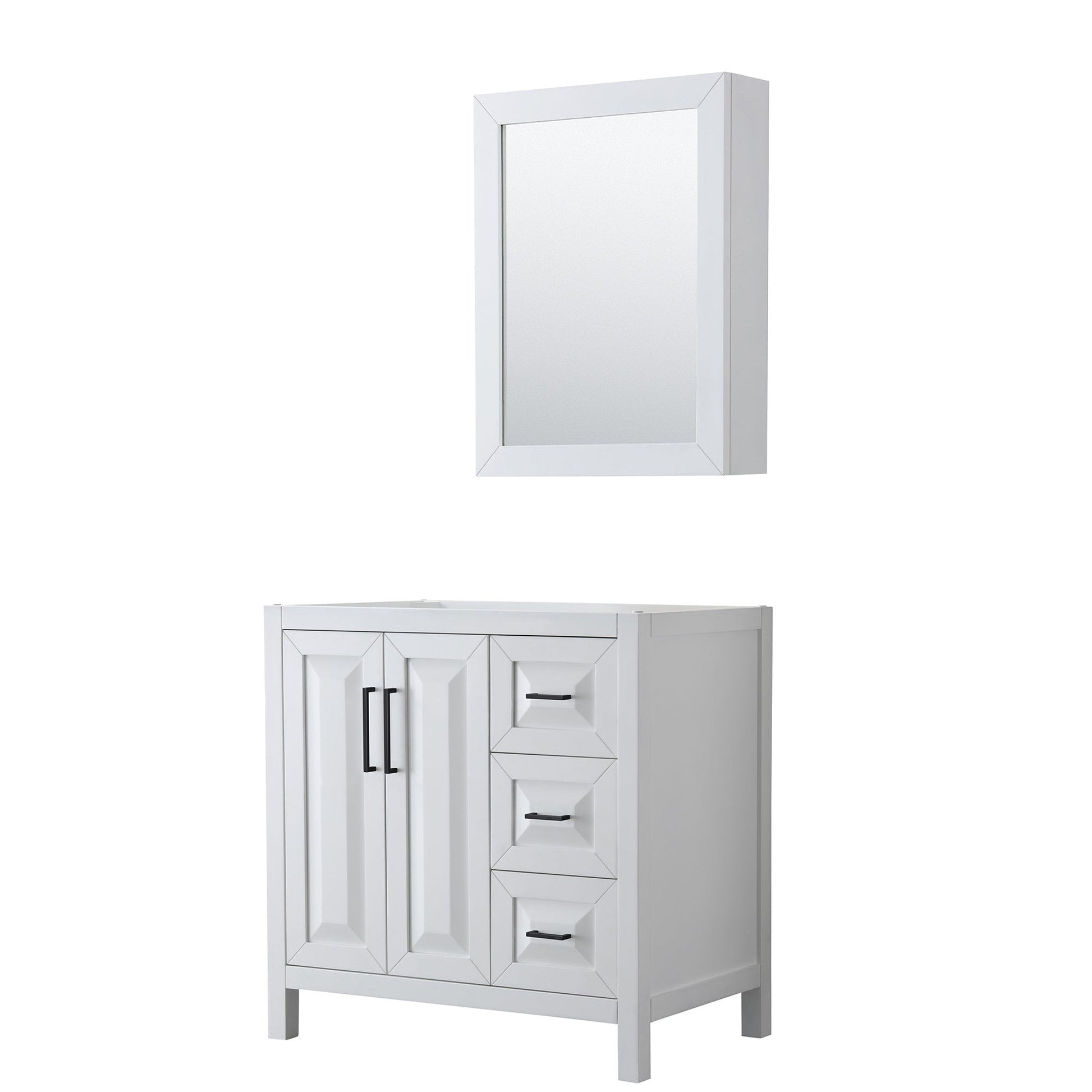 Wyndham Collection Daria 36" Single Bathroom Vanity in White, No Countertop, No Sink, Matte Black Trim, Medicine Cabinet