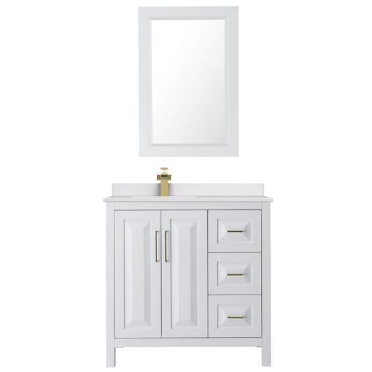 Wyndham Collection Daria 36" Single Bathroom Vanity in White, White Cultured Marble Countertop, Undermount Square Sink (1-Hole), Brushed Gold Trim, 24" Mirror