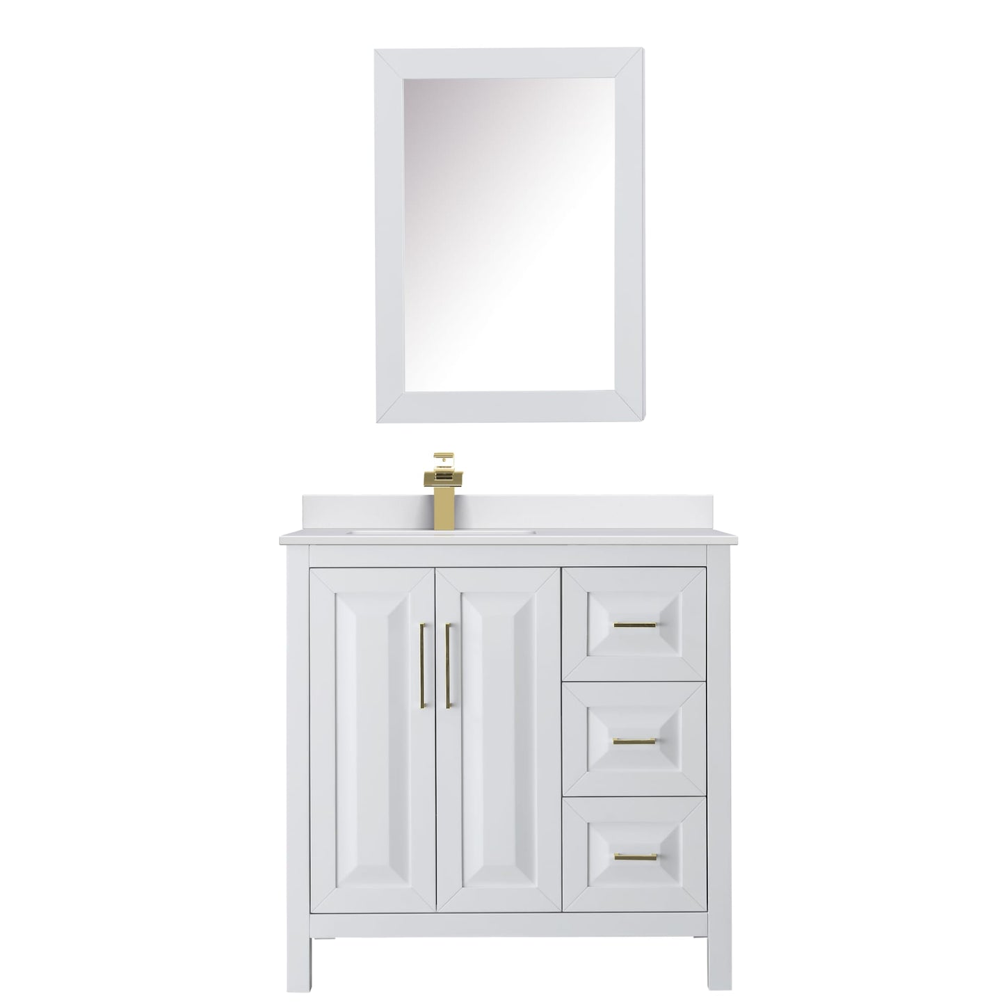 Wyndham Collection Daria 36" Single Bathroom Vanity in White, White Cultured Marble Countertop, Undermount Square Sink (1-Hole), Brushed Gold Trim, Medicine Cabinet