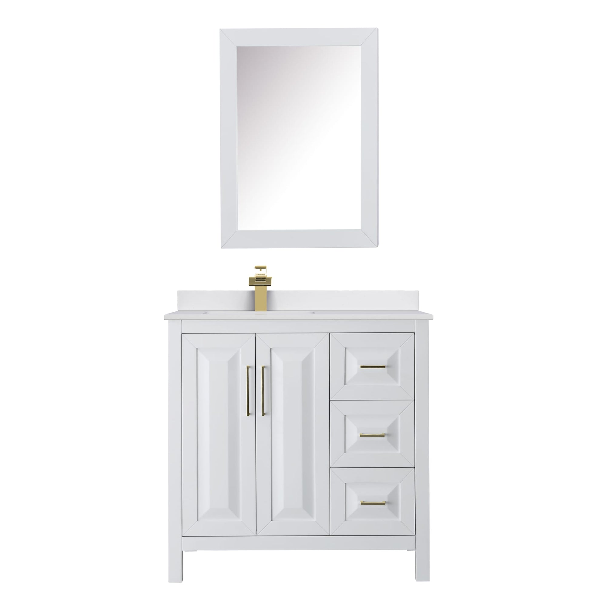 Wyndham Collection Daria 36" Single Bathroom Vanity in White, White Cultured Marble Countertop, Undermount Square Sink (1-Hole), Brushed Gold Trim, Medicine Cabinet