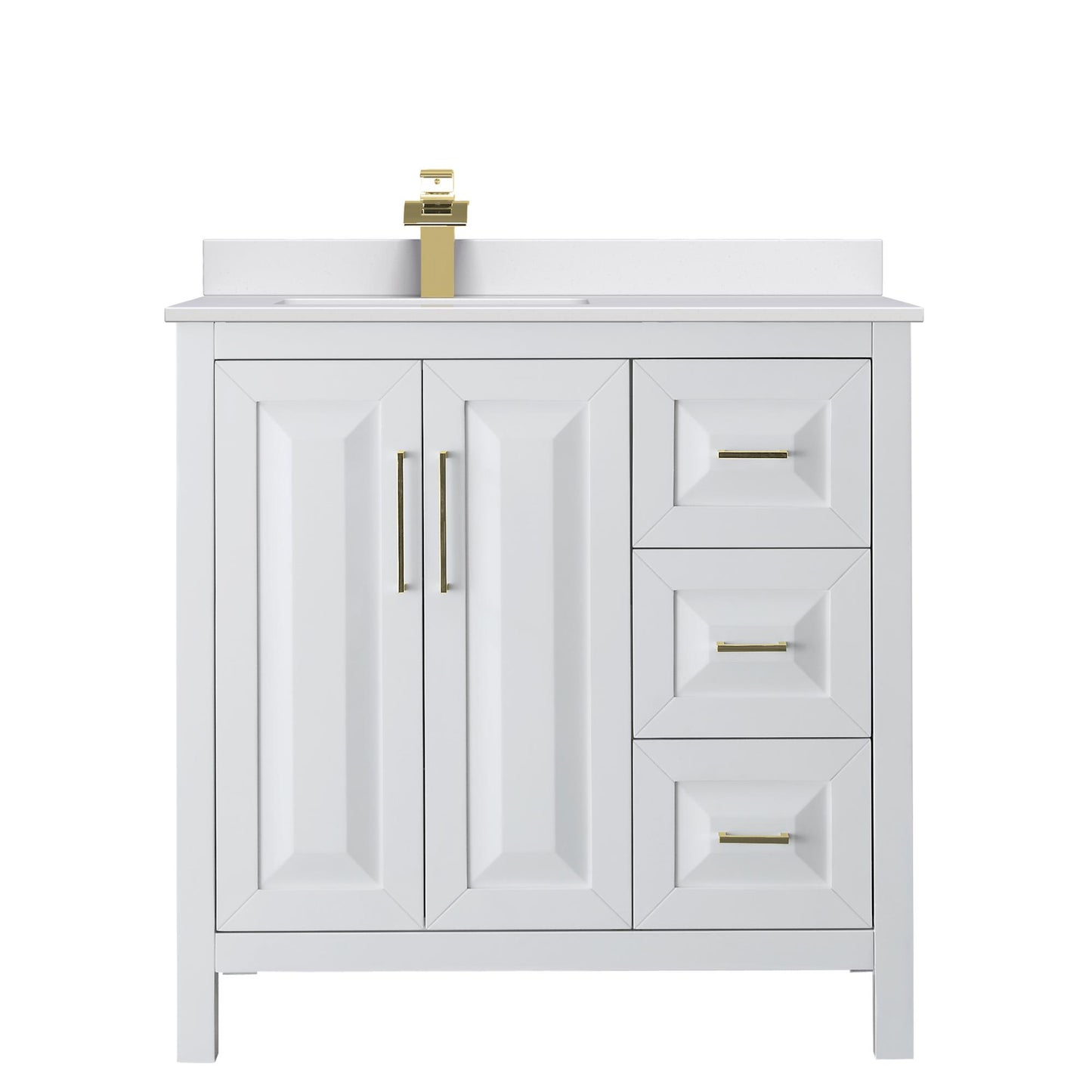 Wyndham Collection Daria 36" Single Bathroom Vanity in White, White Cultured Marble Countertop, Undermount Square Sink (1-Hole), Brushed Gold Trim
