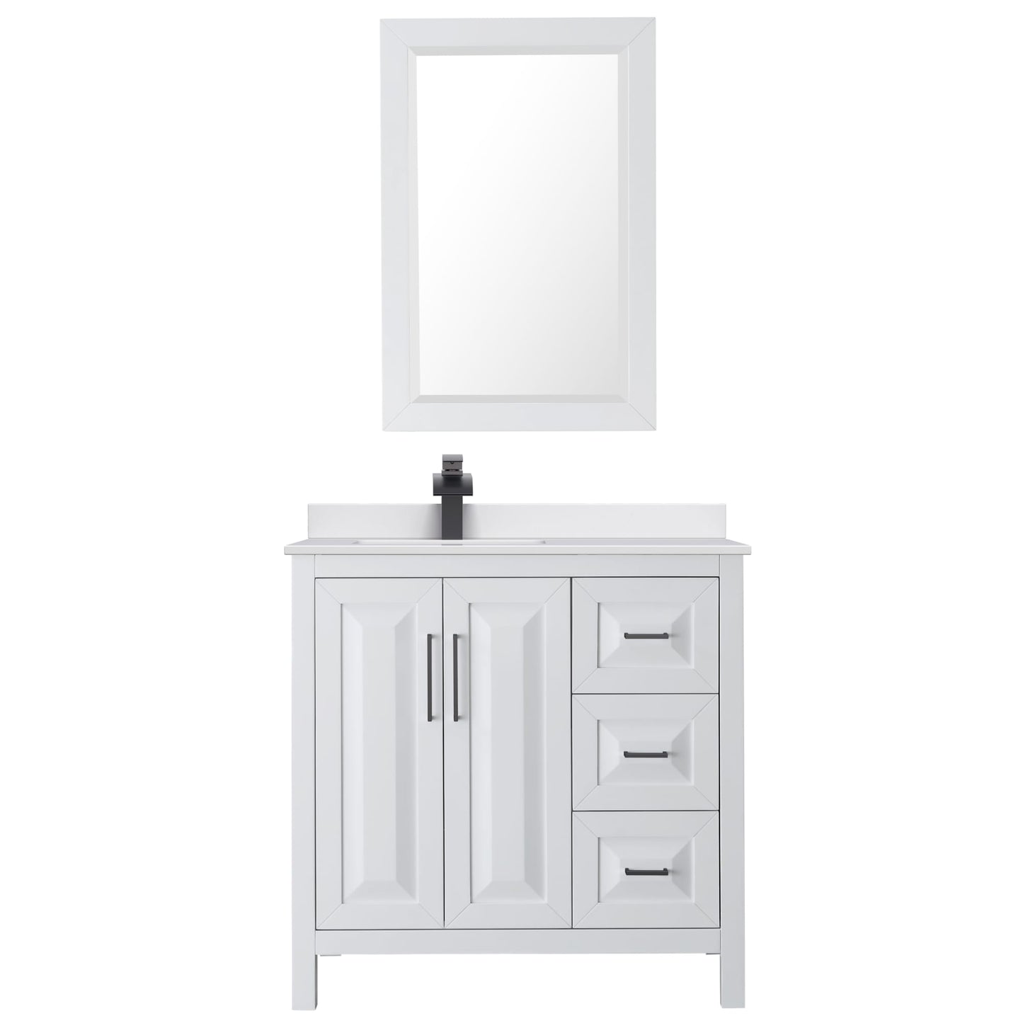 Wyndham Collection Daria 36" Single Bathroom Vanity in White, White Cultured Marble Countertop, Undermount Square Sink (1-Hole), Matte Black Trim, 24" Mirror