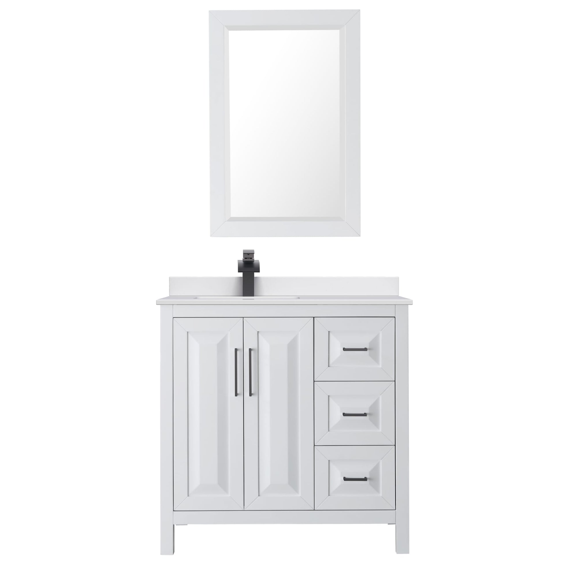 Wyndham Collection Daria 36" Single Bathroom Vanity in White, White Cultured Marble Countertop, Undermount Square Sink (1-Hole), Matte Black Trim, 24" Mirror