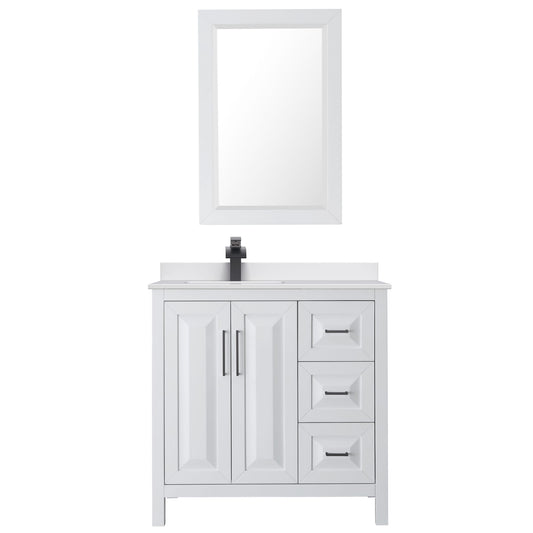Wyndham Collection Daria 36" Single Bathroom Vanity in White, White Cultured Marble Countertop, Undermount Square Sink (1-Hole), Matte Black Trim, 24" Mirror
