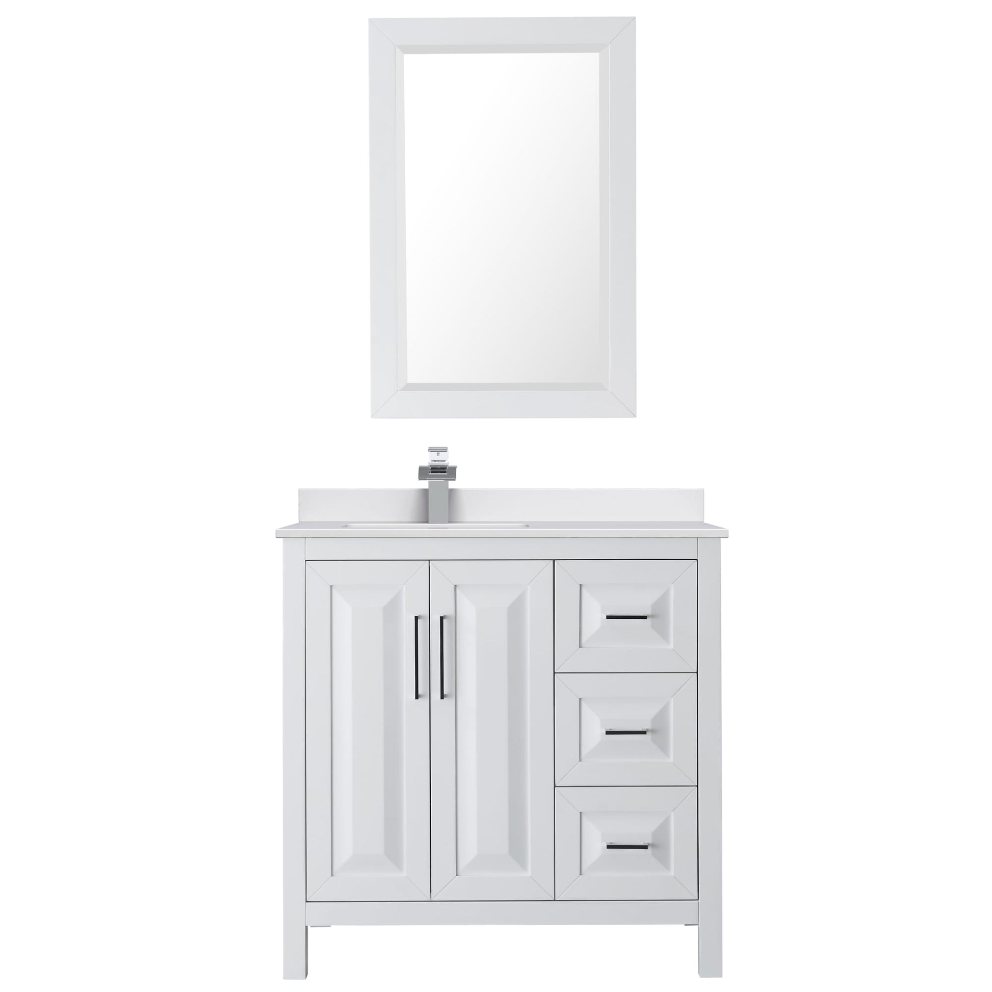 Wyndham Collection Daria 36" Single Bathroom Vanity in White, White Cultured Marble Countertop, Undermount Square Sink (1-Hole), Polished Chrome Trim, 24" Mirror