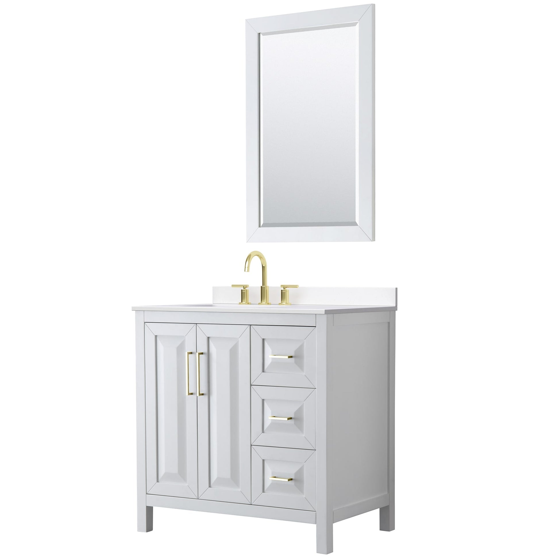 Wyndham Collection Daria 36" Single Bathroom Vanity in White, White Cultured Marble Countertop, Undermount Square Sink (3-Hole), Brushed Gold Trim, 24" Mirror