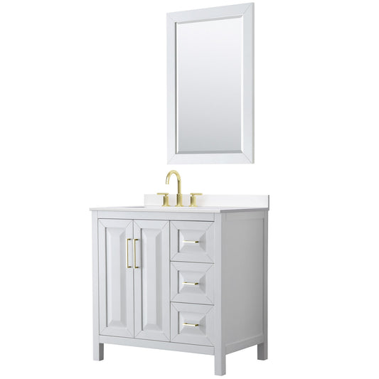 Wyndham Collection Daria 36" Single Bathroom Vanity in White, White Cultured Marble Countertop, Undermount Square Sink (3-Hole), Brushed Gold Trim, 24" Mirror