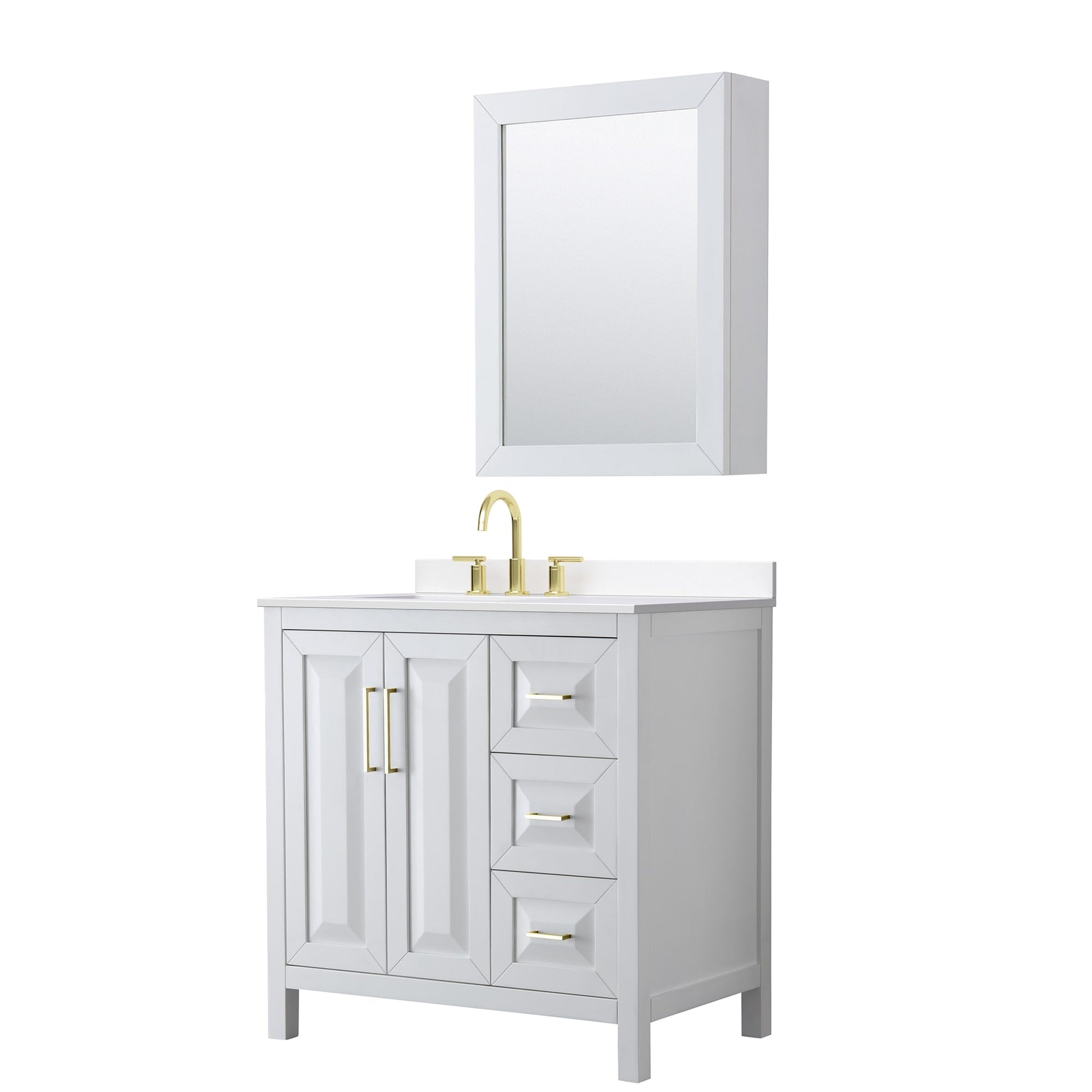 Wyndham Collection Daria 36" Single Bathroom Vanity in White, White Cultured Marble Countertop, Undermount Square Sink (3-Hole), Brushed Gold Trim, Medicine Cabinet
