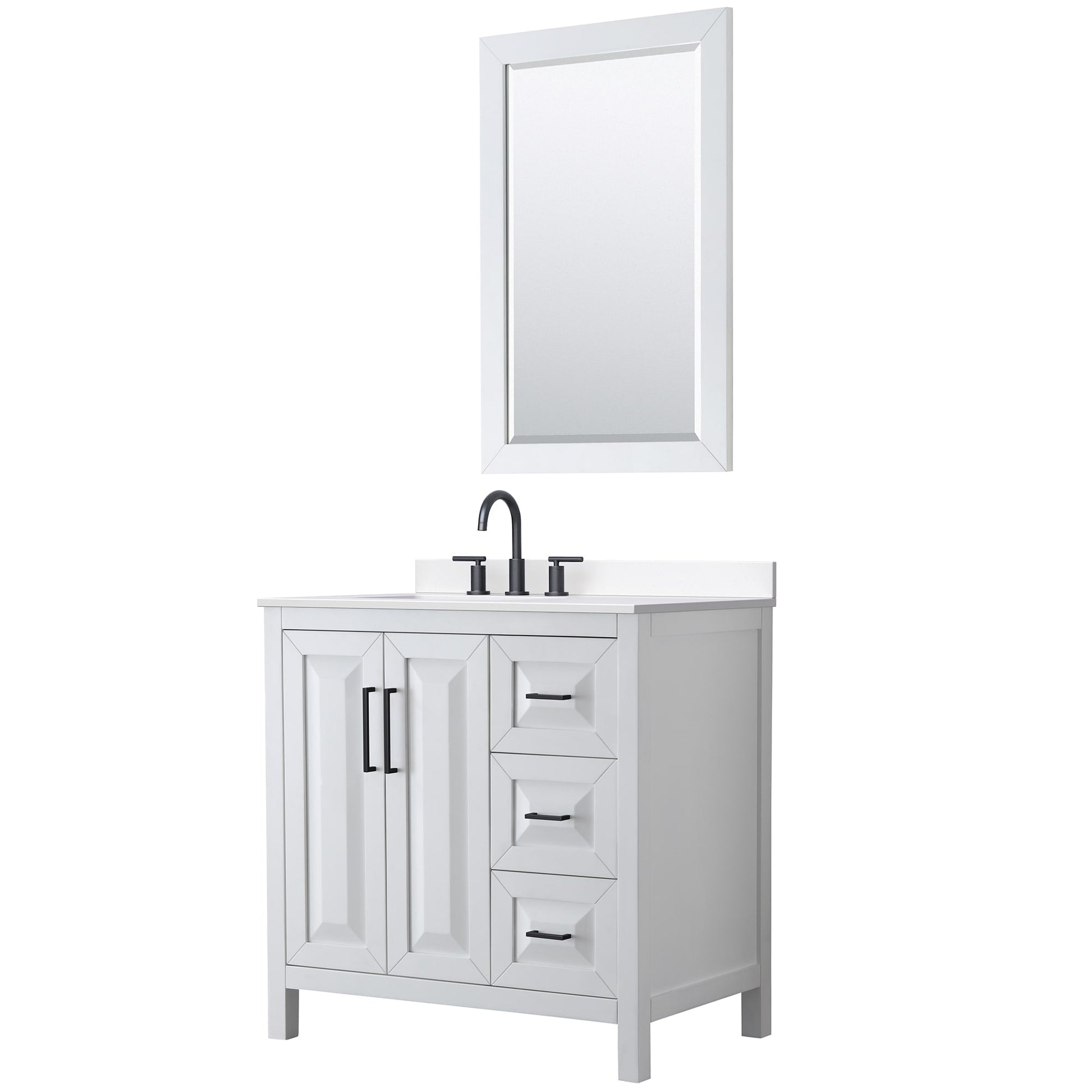 Wyndham Collection Daria 36" Single Bathroom Vanity in White, White Cultured Marble Countertop, Undermount Square Sink (3-Hole), Matte Black Trim, 24" Mirror