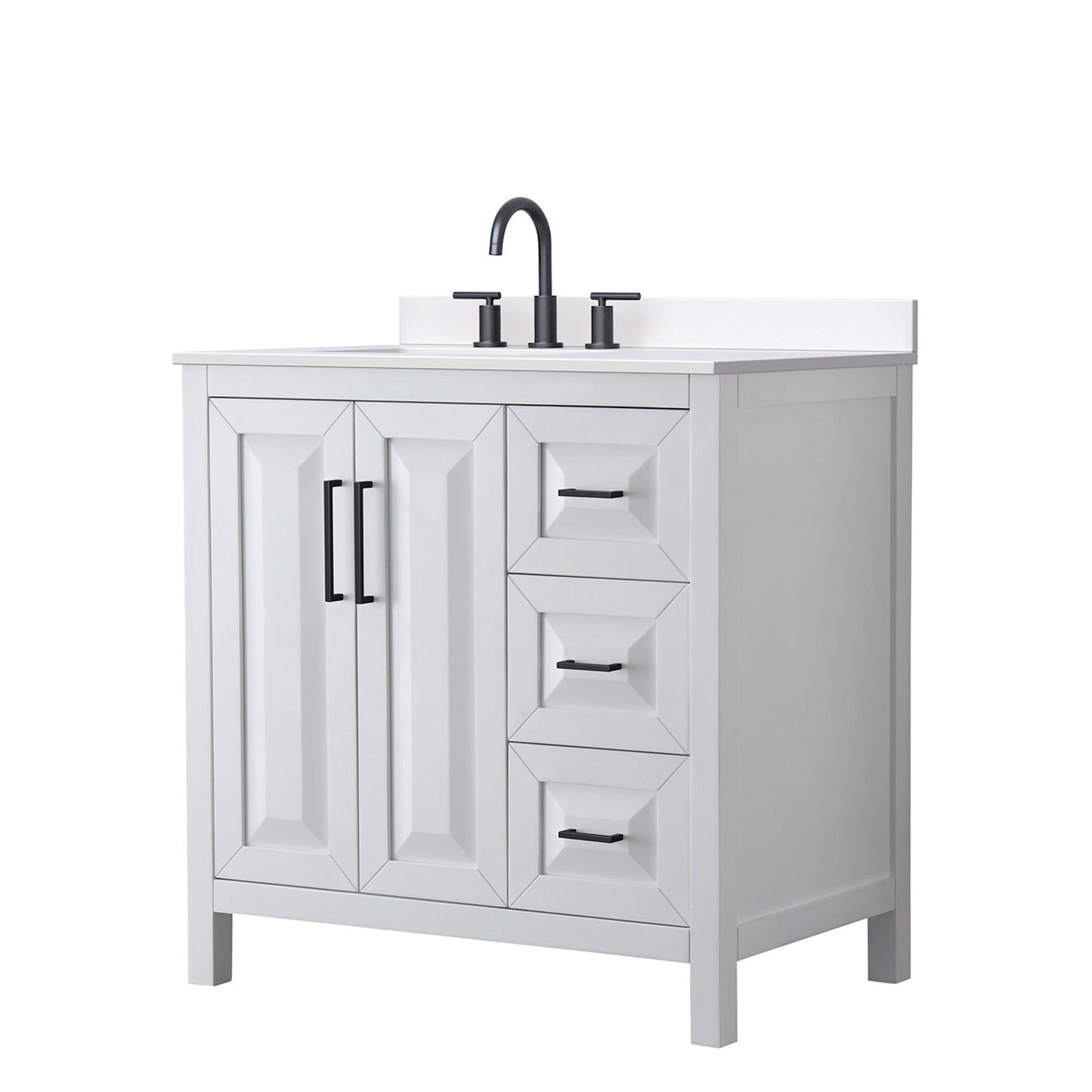 Wyndham Collection Daria 36" Single Bathroom Vanity in White, White Cultured Marble Countertop, Undermount Square Sink (3-Hole), Matte Black Trim