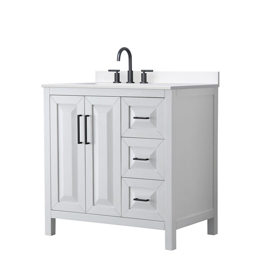 Wyndham Collection Daria 36" Single Bathroom Vanity in White, White Cultured Marble Countertop, Undermount Square Sink (3-Hole), Matte Black Trim
