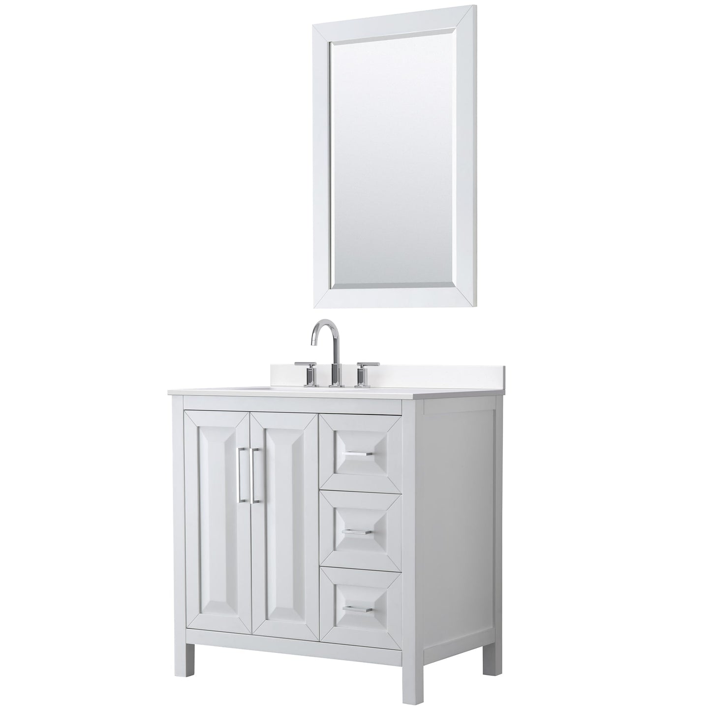 Wyndham Collection Daria 36" Single Bathroom Vanity in White, White Cultured Marble Countertop, Undermount Square Sink (3-Hole), Polished Chrome Trim, 24" Mirror