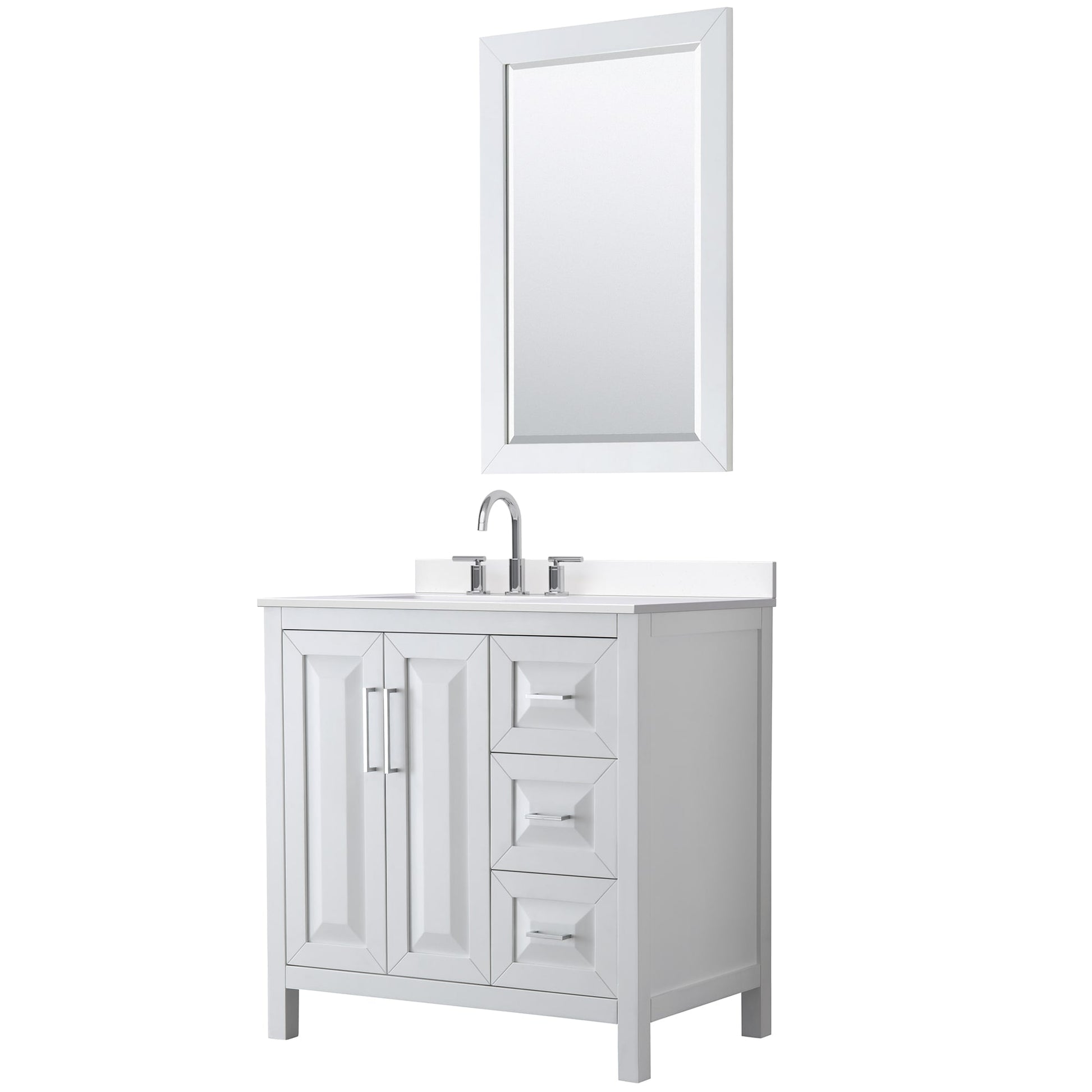 Wyndham Collection Daria 36" Single Bathroom Vanity in White, White Cultured Marble Countertop, Undermount Square Sink (3-Hole), Polished Chrome Trim, 24" Mirror