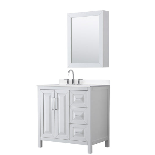 Wyndham Collection Daria 36" Single Bathroom Vanity in White, White Cultured Marble Countertop, Undermount Square Sink (3-Hole), Polished Chrome Trim, Medicine Cabinet