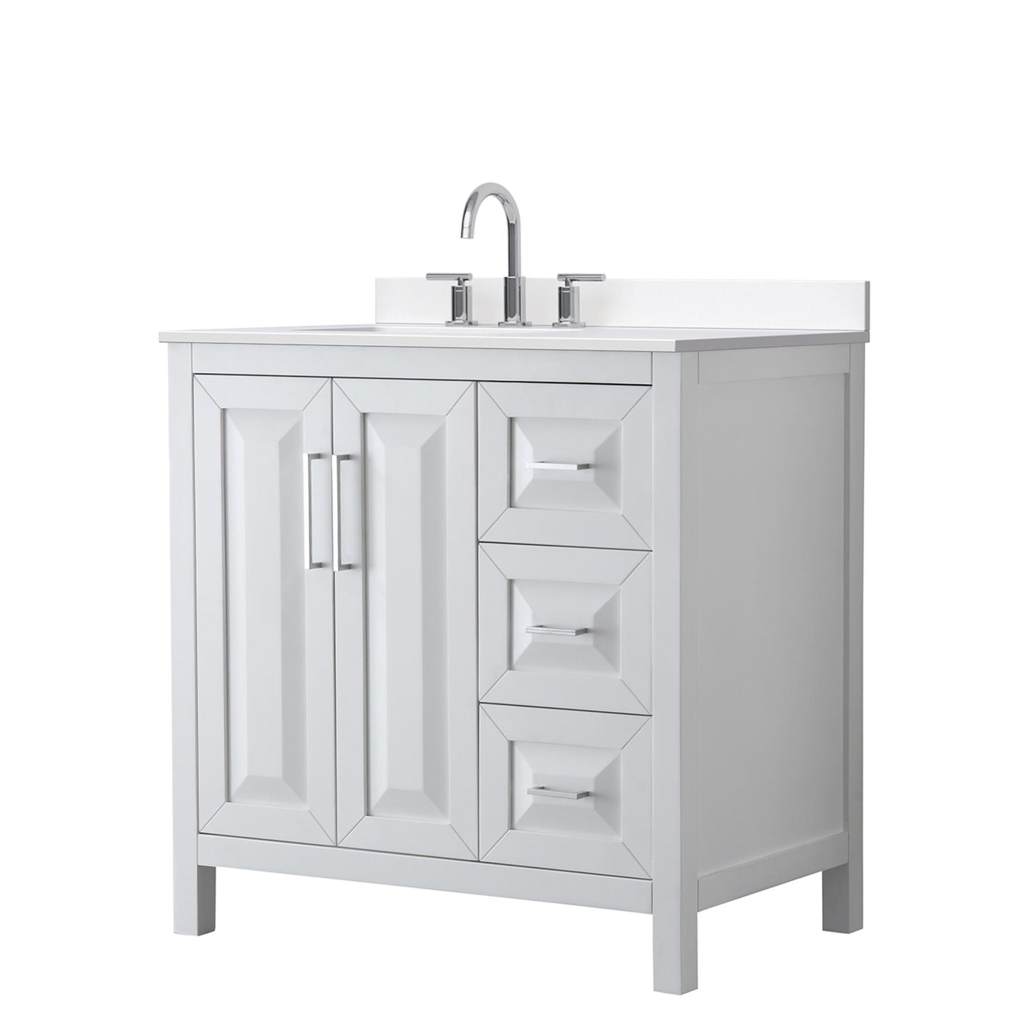 Wyndham Collection Daria 36" Single Bathroom Vanity in White, White Cultured Marble Countertop, Undermount Square Sink (3-Hole), Polished Chrome Trim