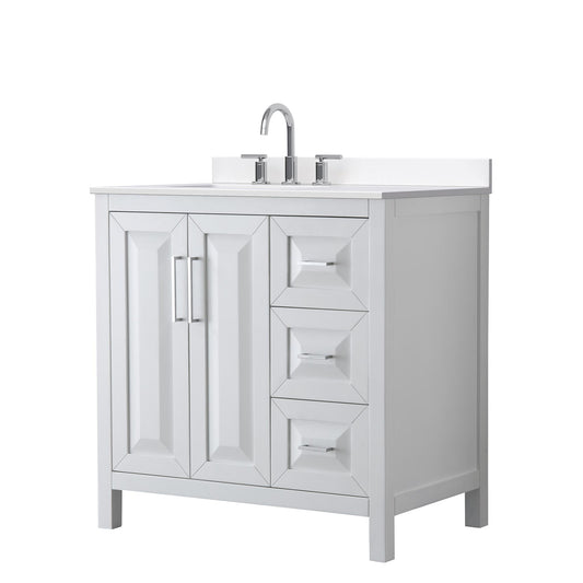 Wyndham Collection Daria 36" Single Bathroom Vanity in White, White Cultured Marble Countertop, Undermount Square Sink (3-Hole), Polished Chrome Trim