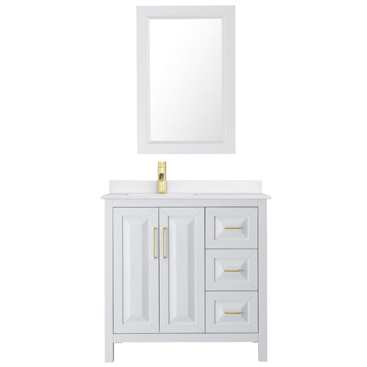 Wyndham Collection Daria 36" Single Bathroom Vanity in White, White Quartz Countertop, Undermount Square Sink (1-Hole), Brushed Gold Trim, 24" Mirror