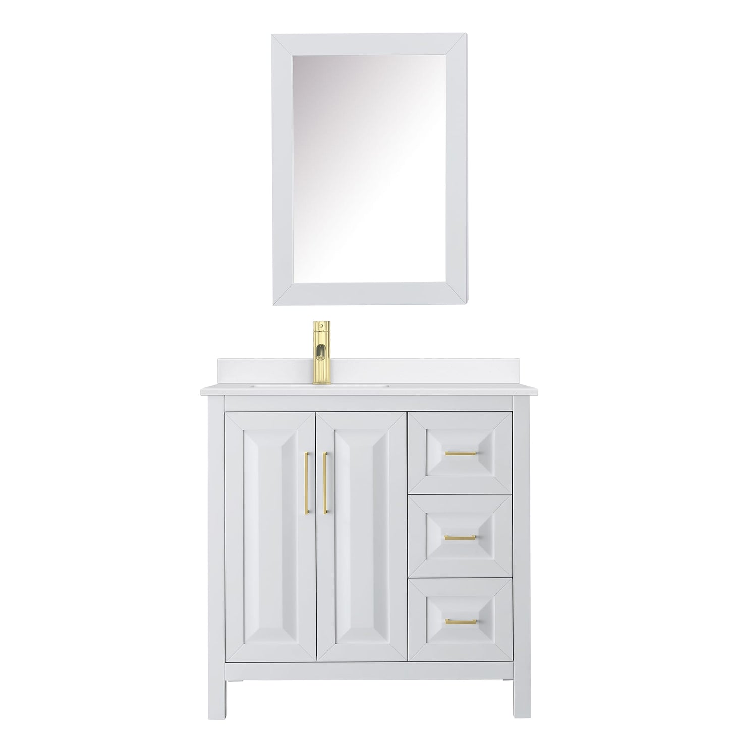 Wyndham Collection Daria 36" Single Bathroom Vanity in White, White Quartz Countertop, Undermount Square Sink (1-Hole), Brushed Gold Trim, Medicine Cabinet