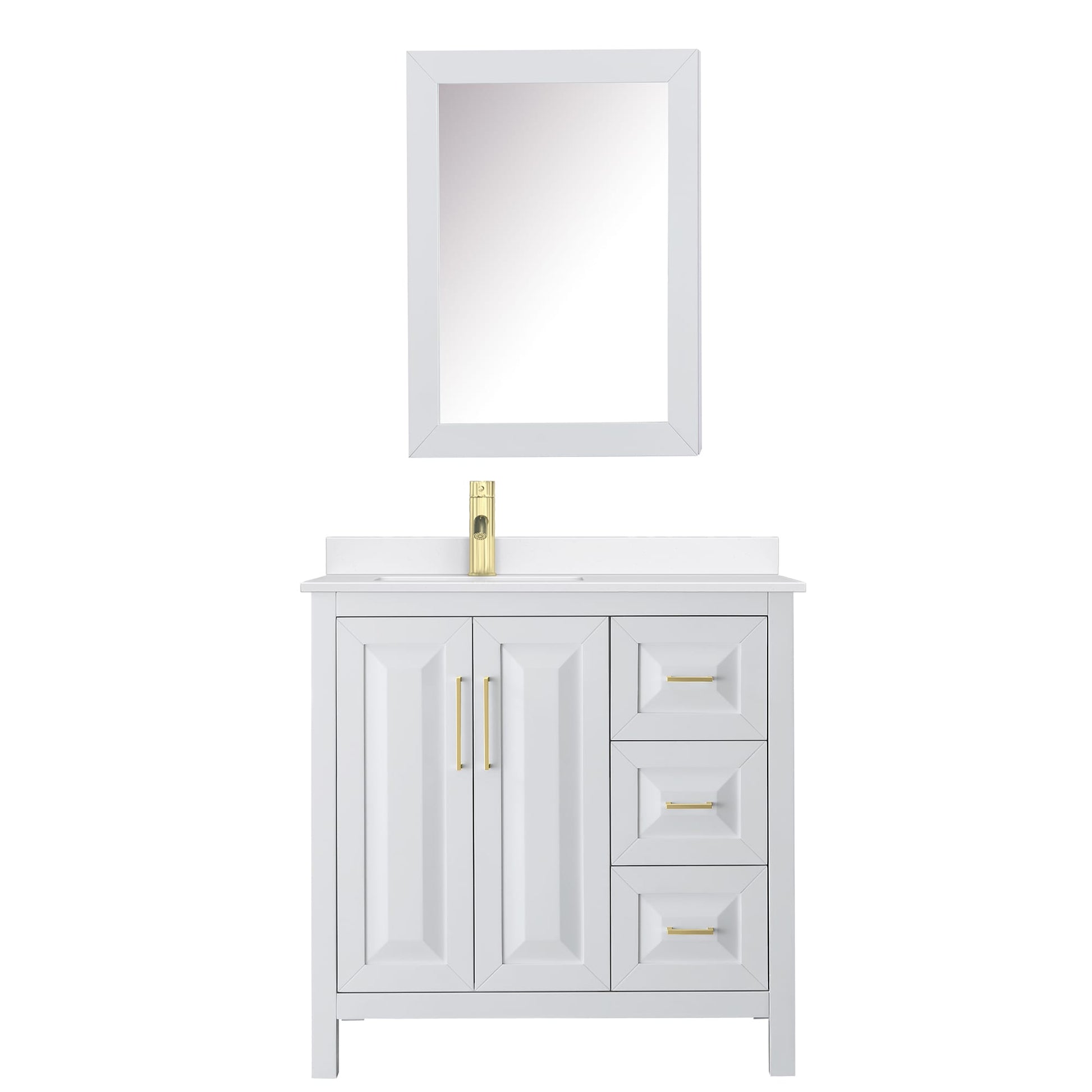Wyndham Collection Daria 36" Single Bathroom Vanity in White, White Quartz Countertop, Undermount Square Sink (1-Hole), Brushed Gold Trim, Medicine Cabinet
