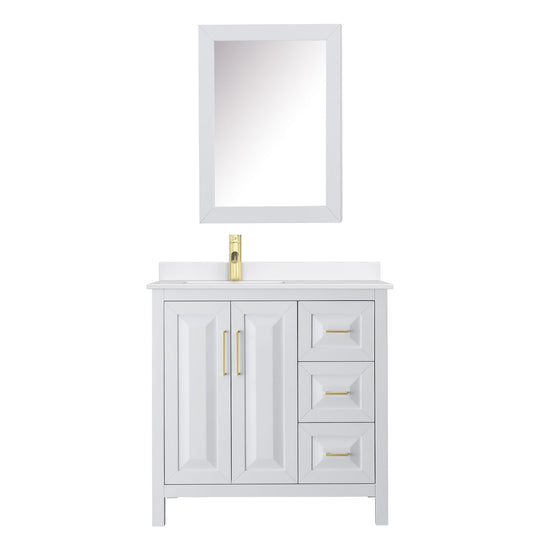 Wyndham Collection Daria 36" Single Bathroom Vanity in White, White Quartz Countertop, Undermount Square Sink (1-Hole), Brushed Gold Trim, Medicine Cabinet