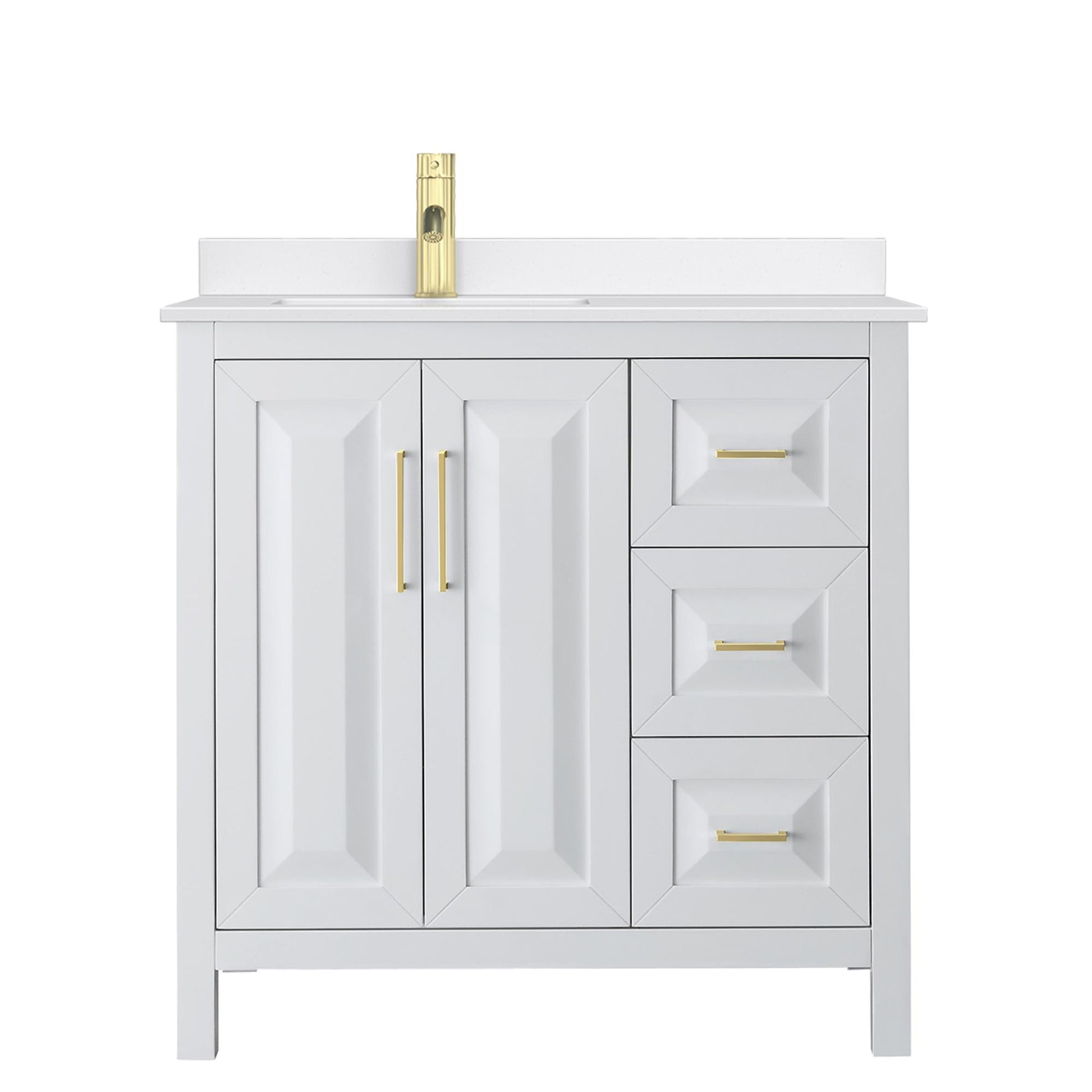 Wyndham Collection Daria 36" Single Bathroom Vanity in White, White Quartz Countertop, Undermount Square Sink (1-Hole), Brushed Gold Trim