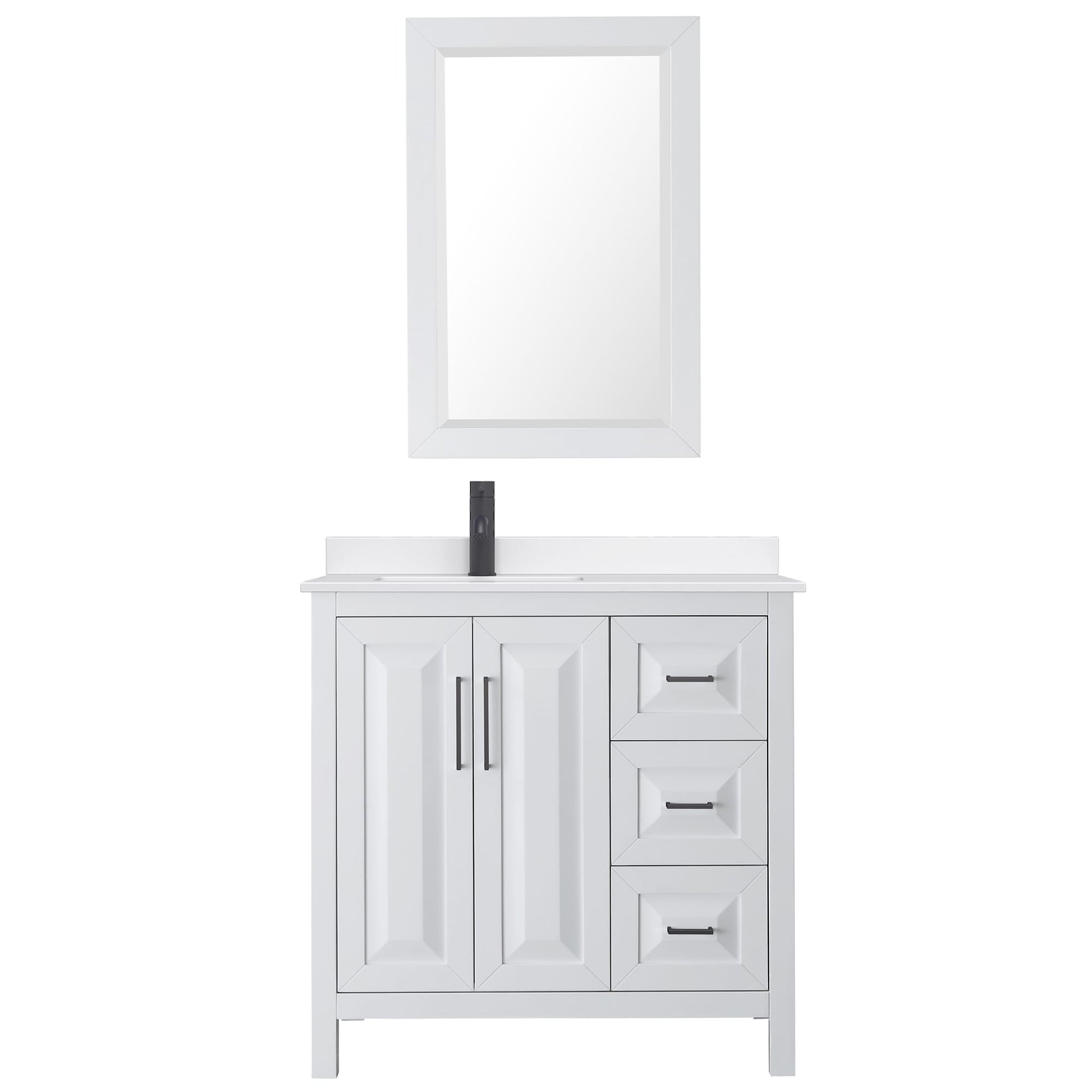 Wyndham Collection Daria 36" Single Bathroom Vanity in White, White Quartz Countertop, Undermount Square Sink (1-Hole), Matte Black Trim, 24" Mirror