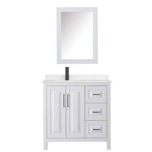 Wyndham Collection Daria 36" Single Bathroom Vanity in White, White Quartz Countertop, Undermount Square Sink (1-Hole), Matte Black Trim, Medicine Cabinet