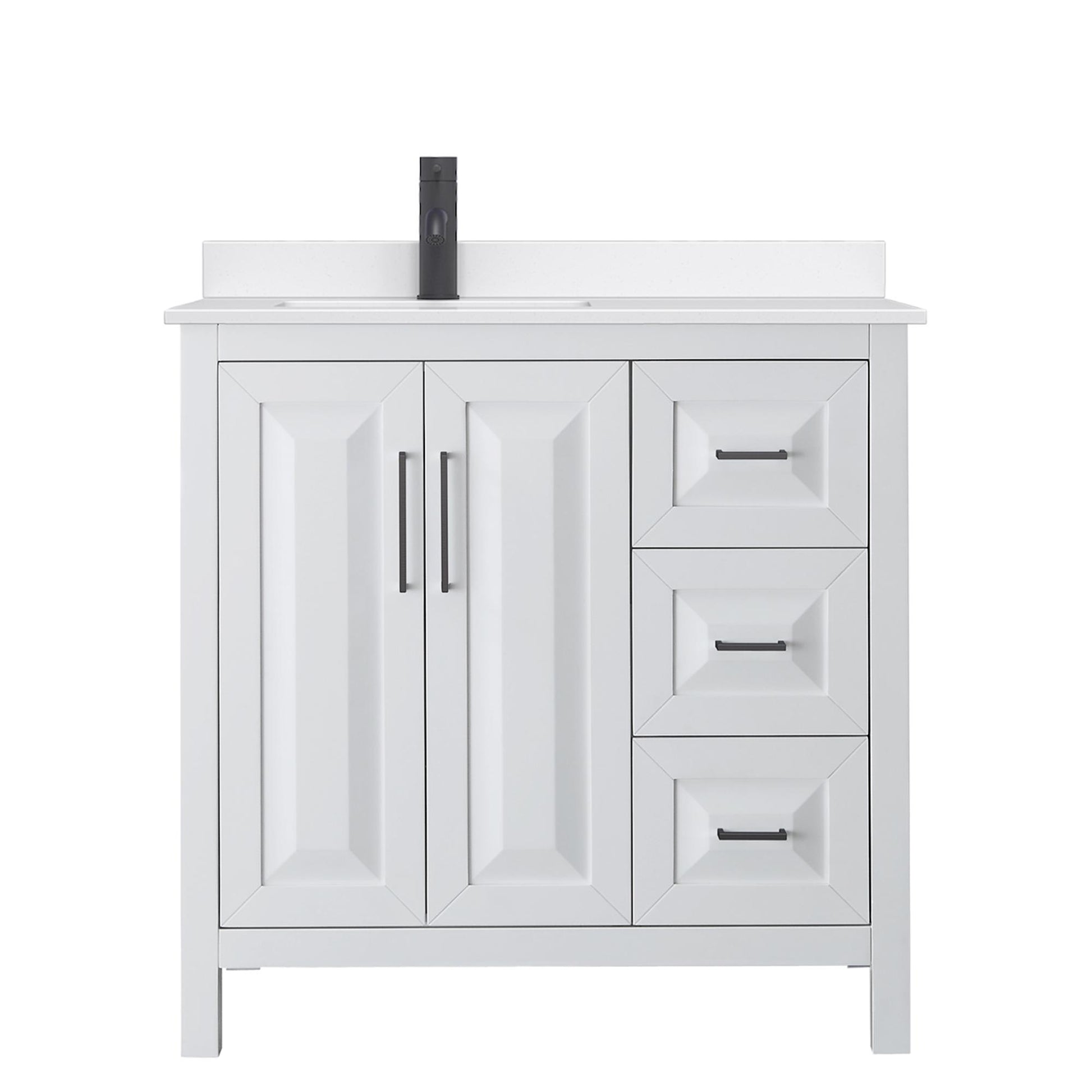 Wyndham Collection Daria 36" Single Bathroom Vanity in White, White Quartz Countertop, Undermount Square Sink (1-Hole), Matte Black Trim